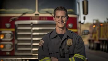 A beautiful smiling young male firefighter beside of a blurry fire station background photo