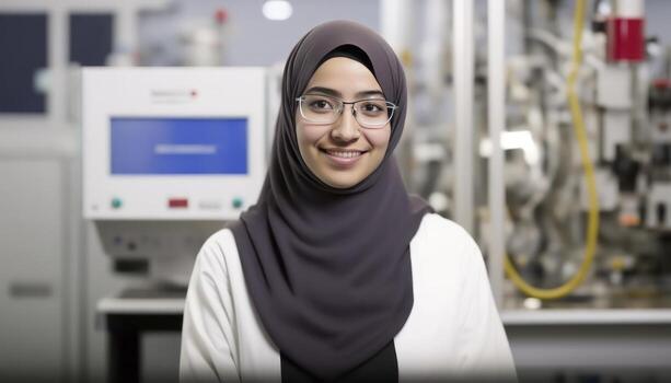 a beautiful smiling young female scientist in front of a blurry white laboratory background photo