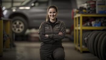 un hermosa sonriente joven hembra mecánico en frente de un auto reparar tienda antecedentes ai generado foto