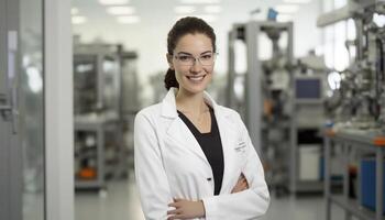 a beautiful smiling young female scientist in front of a blurry white laboratory background photo
