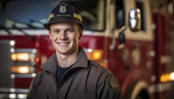 un hermosa sonriente joven masculino bombero junto a de un borroso fuego estación antecedentes ai generado foto