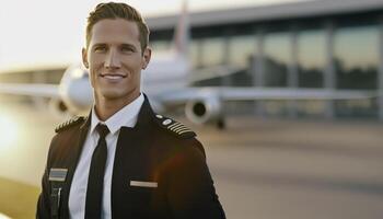 un hermosa sonriente joven masculino piloto en frente de un borroso aeropuerto antecedentes ai generado foto