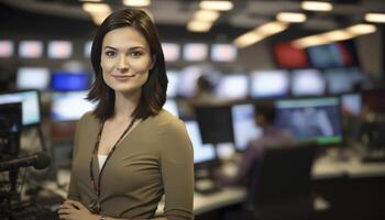 a beautiful smiling young female journalist in front of a blurry newsroom background photo