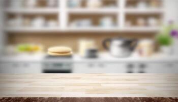 Stylish Wooden Table Top on Blurred Kitchen Background - Ideal for Product Displays and Design Layouts photo