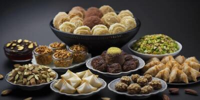 Delicious Dried Fruits, Nuts, Dates, and Baklava on Black Background photo