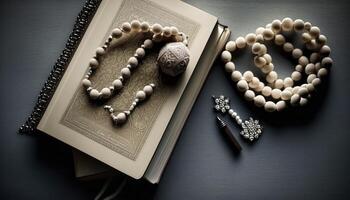 Ramadan Vibes Top View of Quran and Tasbih for ramadan banner photo