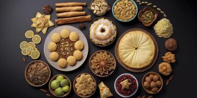 Delicious Dried Fruits, Nuts, Dates, and Baklava on Black Background photo