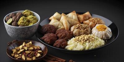 Delicious Dried Fruits, Nuts, Dates, and Baklava on Black Background photo