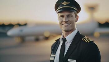 un hermosa sonriente joven masculino piloto en frente de un borroso aeropuerto antecedentes ai generado foto