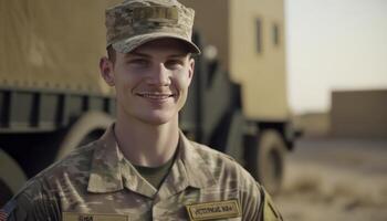 hermosa sonriente joven masculino soldado en frente de un borroso militar base antecedentes ai generado foto