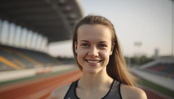 un hermosa sonriente joven hembra atleta en frente de un deporte estadio antecedentes ai generado foto