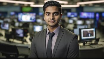 un hermosa sonriente joven masculino periodista en frente de un borroso sala de prensa antecedentes ai generado foto