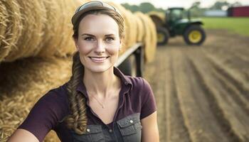 a beautiful smiling young female farmer in front of a farm background photo
