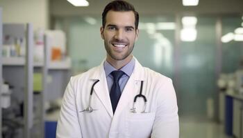 un hermosa sonriente joven masculino médico en frente de un borroso blanco hospital laboratorium antecedentes ai generado foto