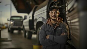 un hermosa sonriente joven masculino mecánico en frente de un auto reparar tienda antecedentes ai generado foto