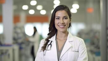 un hermosa sonriente joven hembra médico en frente de un borroso blanco hospital laboratorium antecedentes ai generado foto