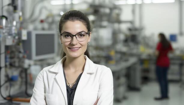 a beautiful smiling young female scientist in front of a blurry white laboratory background photo