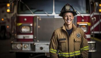 un hermosa sonriente joven hembra bombero junto a de un borroso fuego estación antecedentes ai generado foto