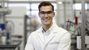 a beautiful smiling young male scientist in front of a blurry white laboratory background photo