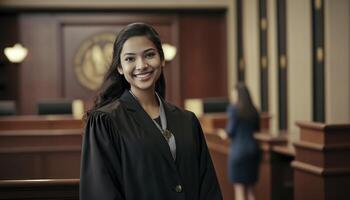 a beautiful smiling female prosecutor wearing prosecutor's robe inside a blurry courthouse photo