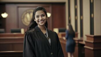 un hermosa sonriente hembra fiscal vistiendo del fiscal túnica dentro un borroso palacio de justicia ai generado foto