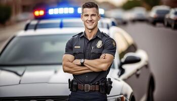 un hermosa sonriente joven masculino policía junto a de un borroso tráfico ligero y policía coche antecedentes ai generado foto