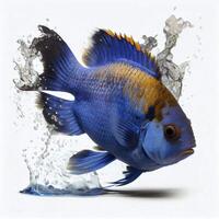 An ultra realistic Electric Blue Cichlid fish that jumps by splashing on a white background photo