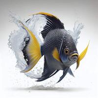 An ultra realistic Angelfish fish that jumps by splashing on a white background photo