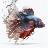 An ultra realistic Siamese fighting fish that jumps by splashing on a white background photo