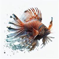 An ultra realistic lion fish that jumps by splashing on a white background photo