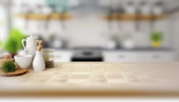 Stylish Wooden Table Top on Blurred Kitchen Background - Ideal for Product Displays and Design Layouts photo