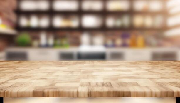 Stylish Wooden Table Top on Blurred Kitchen Background - Ideal for Product Displays and Design Layouts photo