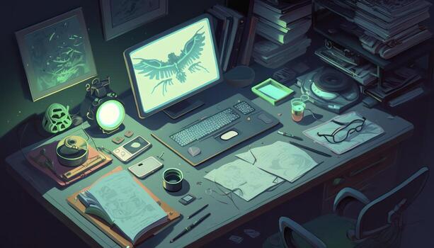 Retro Inspired An 80s Red and Green Spooky Glowy Desk Scene photo
