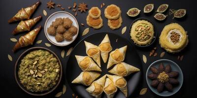 Delicious Dried Fruits, Nuts, Dates, and Baklava on Black Background photo