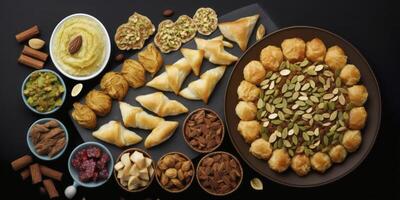 Delicious Dried Fruits, Nuts, Dates, and Baklava on Black Background photo