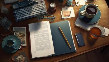 3D Rendered Bird's Eye View of a Busy Desk Scene photo