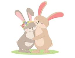 Two cute Hugging Hares in a clearing. Vector isolated flat illustration of animal couple in love.