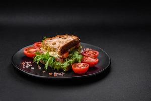 Delicious caprese sandwich with grilled toast, mozzarella, lettuce and tomatoes photo