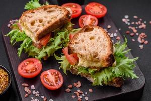 Delicious caprese sandwich with grilled toast, mozzarella, lettuce and tomatoes photo