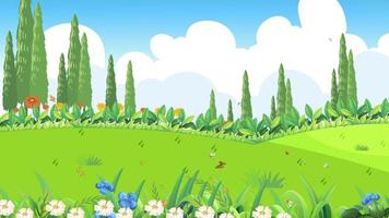 2D beautiful landscape with grass, flowers, and flying butterfly video
