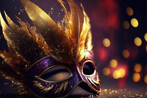 Realistic luxury carnival mask with colorful feathers. Abstract blurred background, gold dust, and light effects. . photo