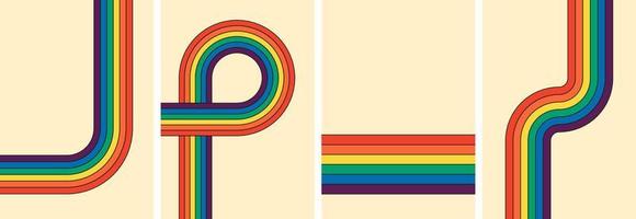 Vintage rainbow striped posters compilation. Groovy style reminiscent past eras. Hippie inspired geometric rainbow paths. Iridescent stripes reflect retro hippy vibe. Various abstract eps backgrounds vector