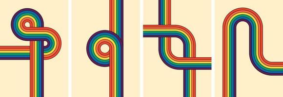 Trendy minimalist Y2K posters featuring colorful artwork. Retro groovy rainbow-colored striped posters. Geometric hippie rainbows pathways. Various abstract iridescent stripes stylish and contemporary vector