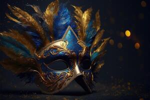 realista lujo carnaval máscara con azul plumas. resumen borroso fondo, oro polvo, y ligero efectos generado ai foto