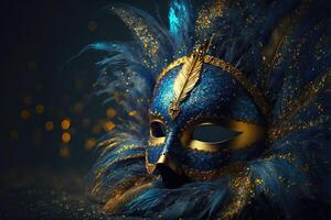 Realistic luxury carnival mask with blue feathers. Abstract blurred background, gold dust, and light effects. photo