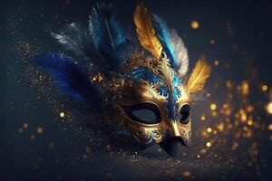 realista lujo carnaval máscara con azul plumas. resumen borroso fondo, oro polvo, y ligero efectos generativo ai foto