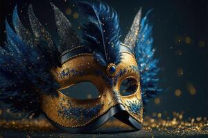 Realistic luxury carnival mask with blue feathers. Abstract blurred background, gold dust, and light effects. photo