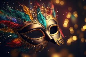 Realistic luxury carnival mask with colorful feathers. Abstract blurred background, gold dust, and light effects. . photo
