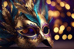 Realistic luxury carnival mask with colorful feathers. Abstract blurred background, gold dust, and light effects. . photo