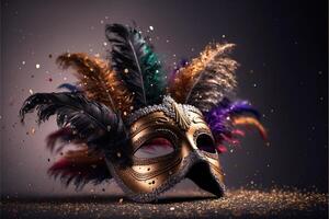 Realistic luxury carnival mask with colorful feathers. Abstract blurred background, gold dust, and light effects. . photo